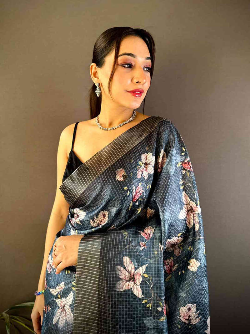 Steel Blue Tissue Chanderi Digital Check Saree