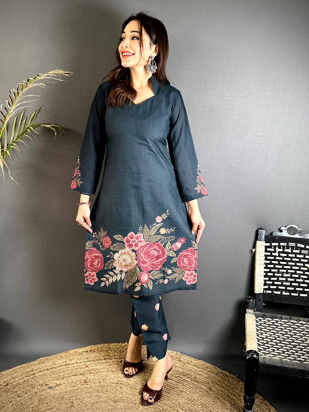 Diamond Neck Floral Mul Kurti
