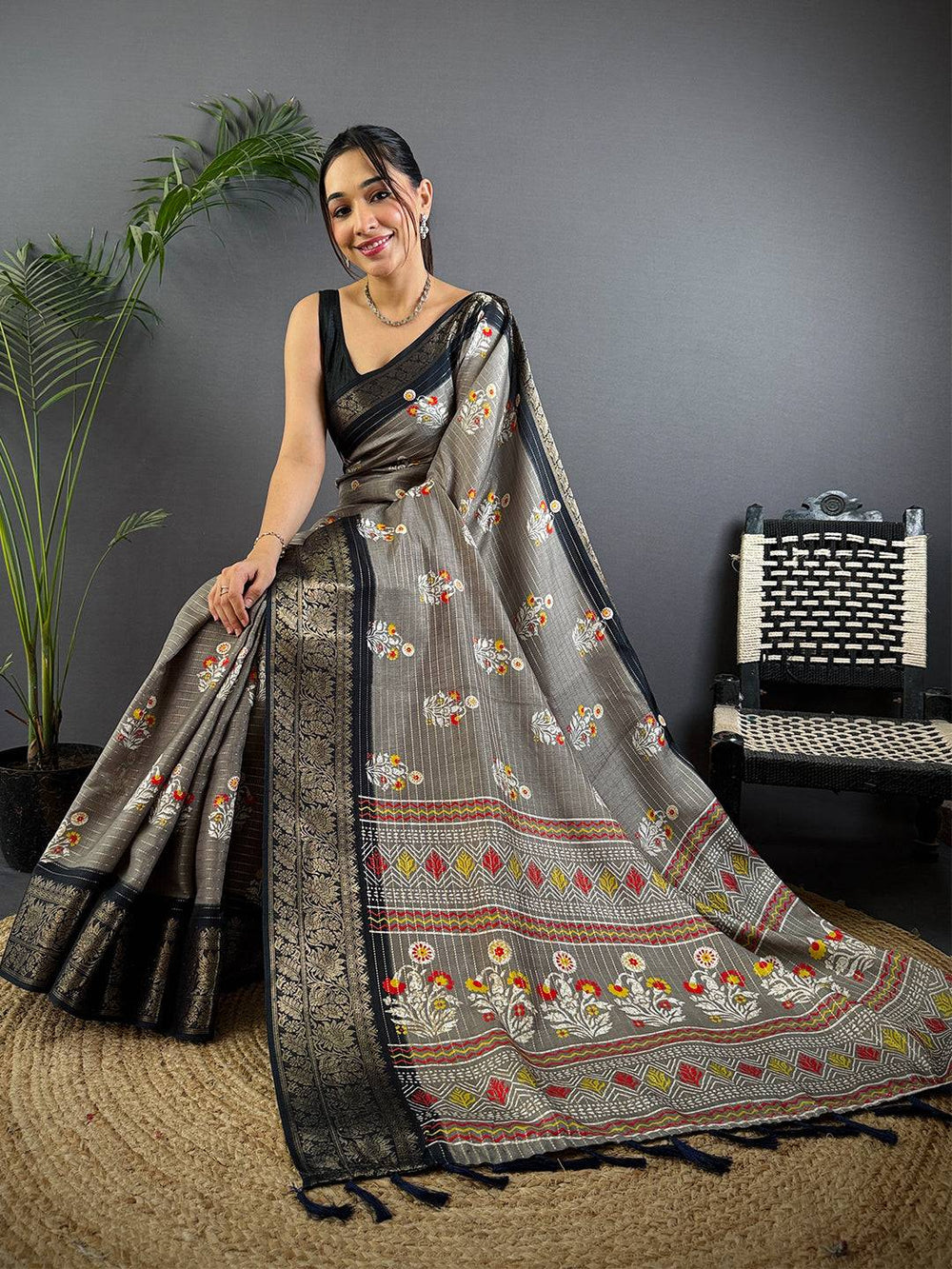 Grey Dola Silk Ajrakh Saree