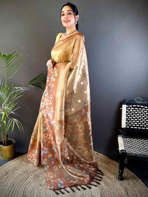 Mustard Tissue Digital Floral Saree