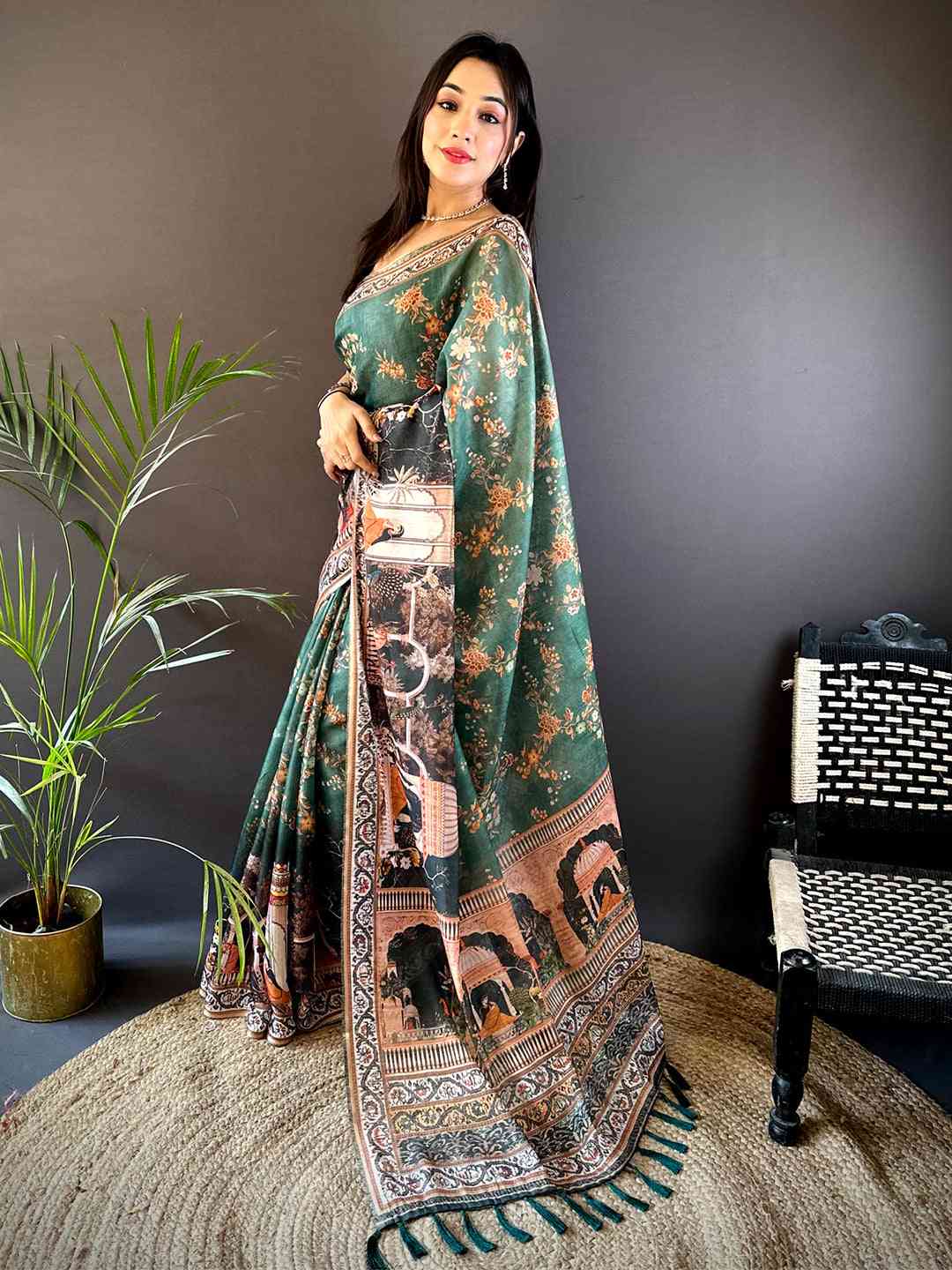 Bottle Green Tissue Chanderi Kalamkari Handprint Saree