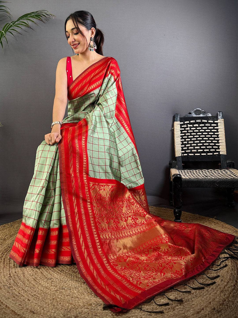Red Royale Chex Soft Katan Silk Saree