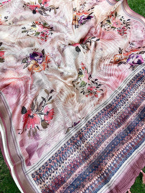 Cream Colour Soft Kota Doriya Silk Saree With Flower Print