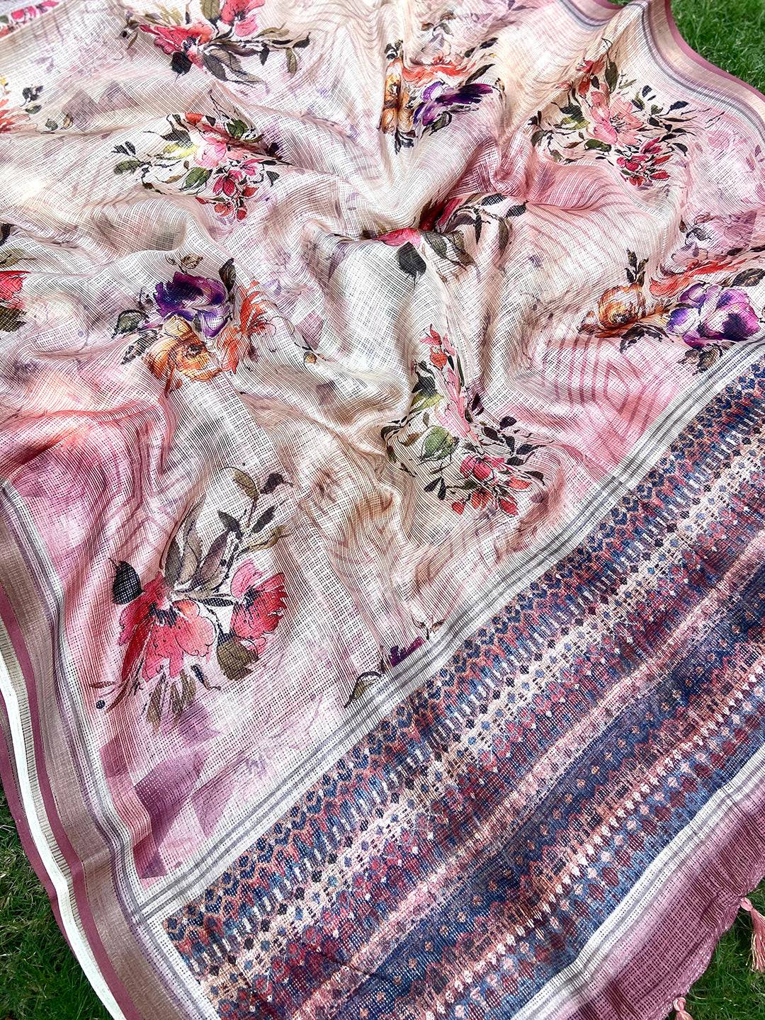 Cream Colour Soft Kota Doriya Silk Saree With Flower Print