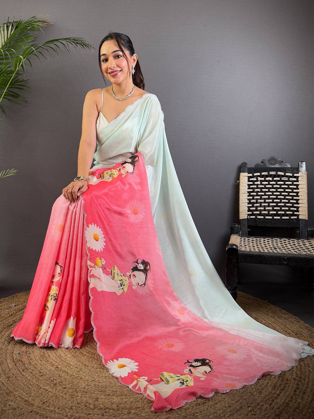 Radiant Barbie Digital Print Chinnon Saree