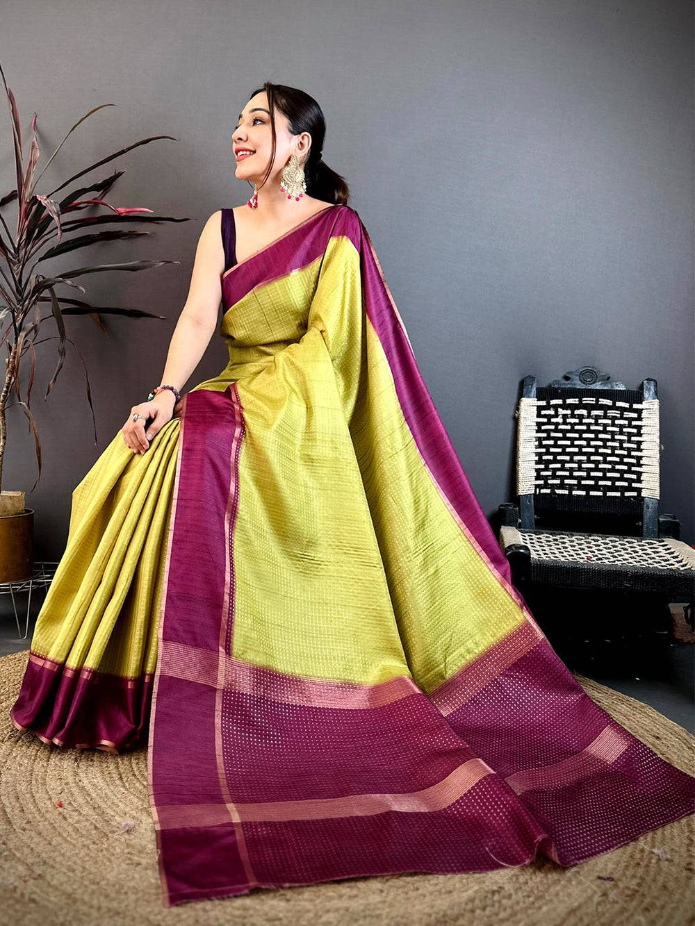 Neon Yellow Tussar Gold Zari 1000 Butti Saree