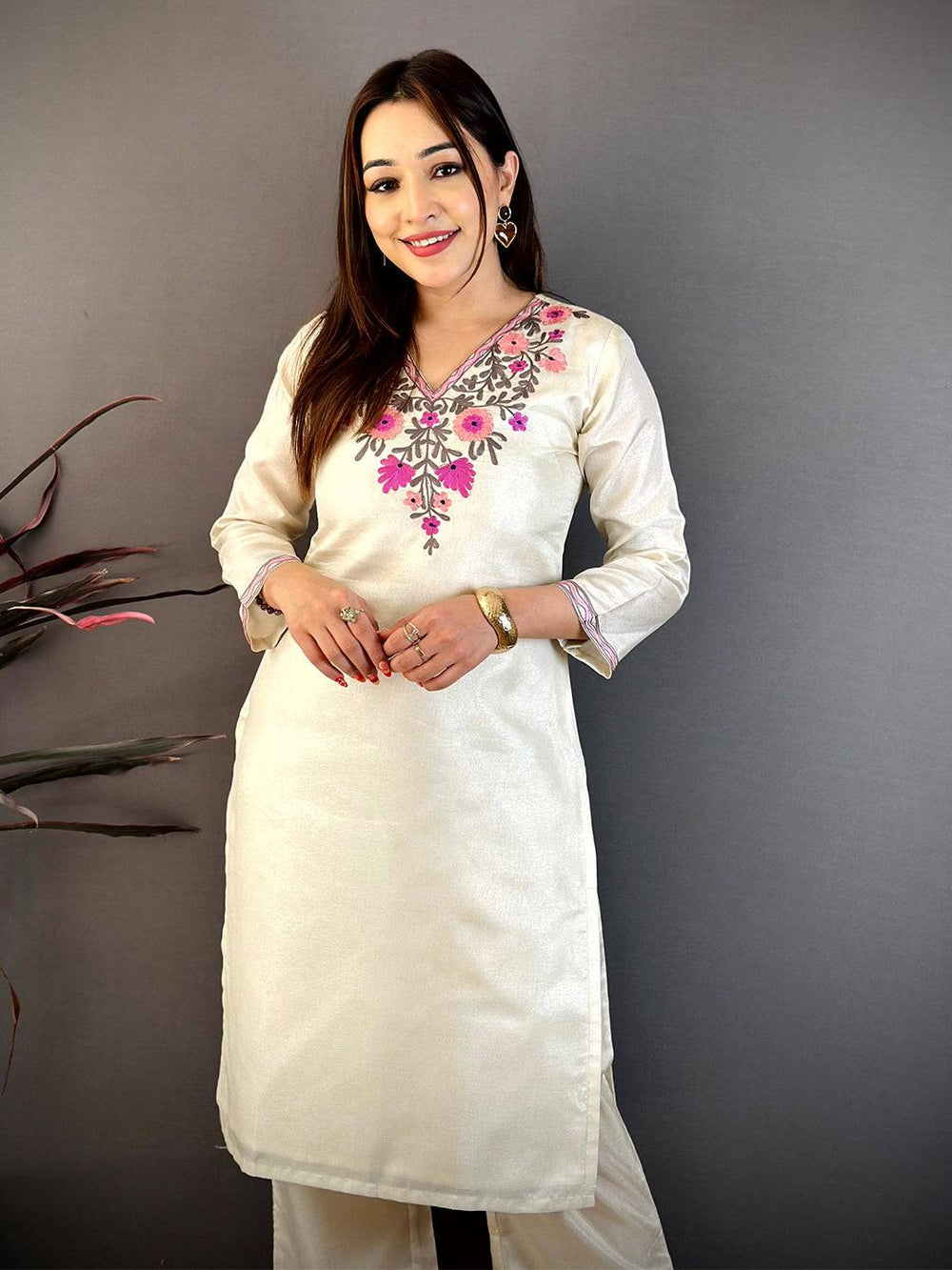 Off White Ari Work Cotton Zari Kurti
