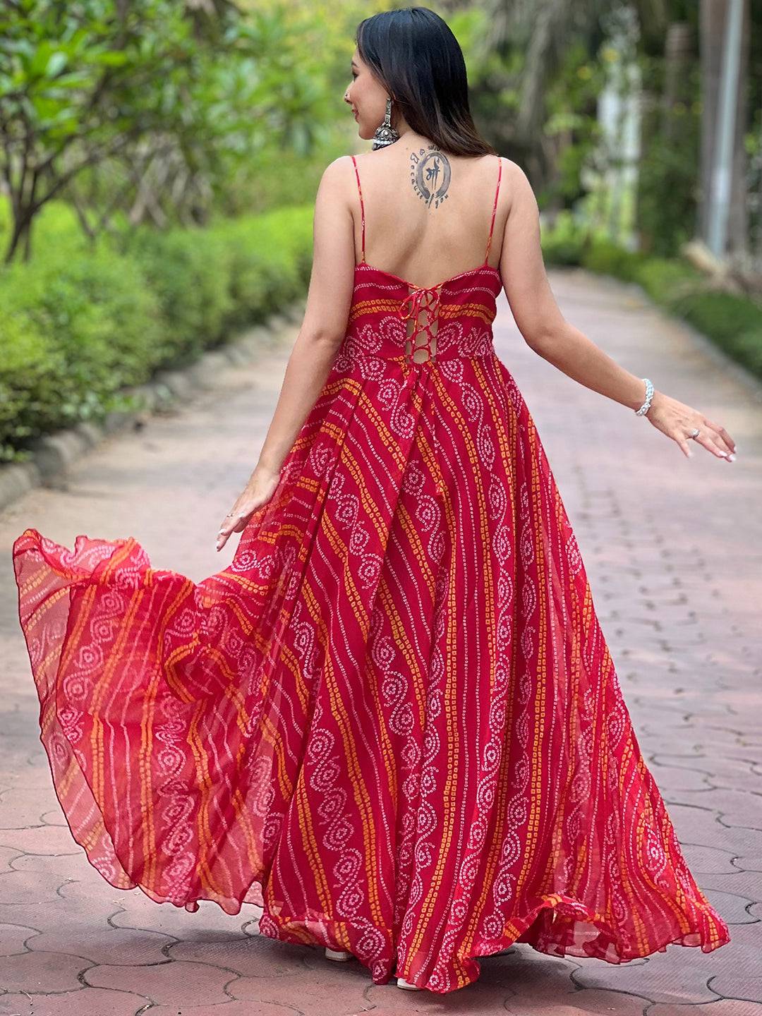 Back view of Rose Red Long Printed Dress with lace-up detail