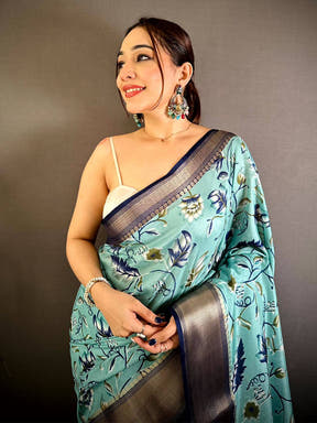 Aqua Soft Dola Silk Floral Kanchi Border Saree
