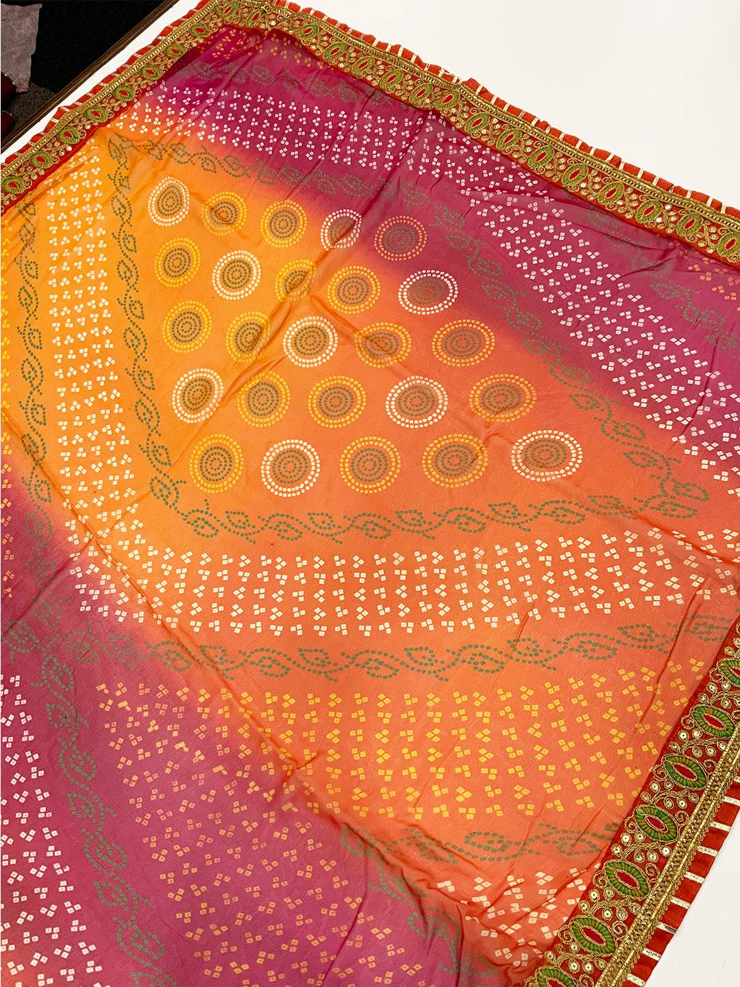 Elegant Chinnon Chiffon Bandhej Print Saree