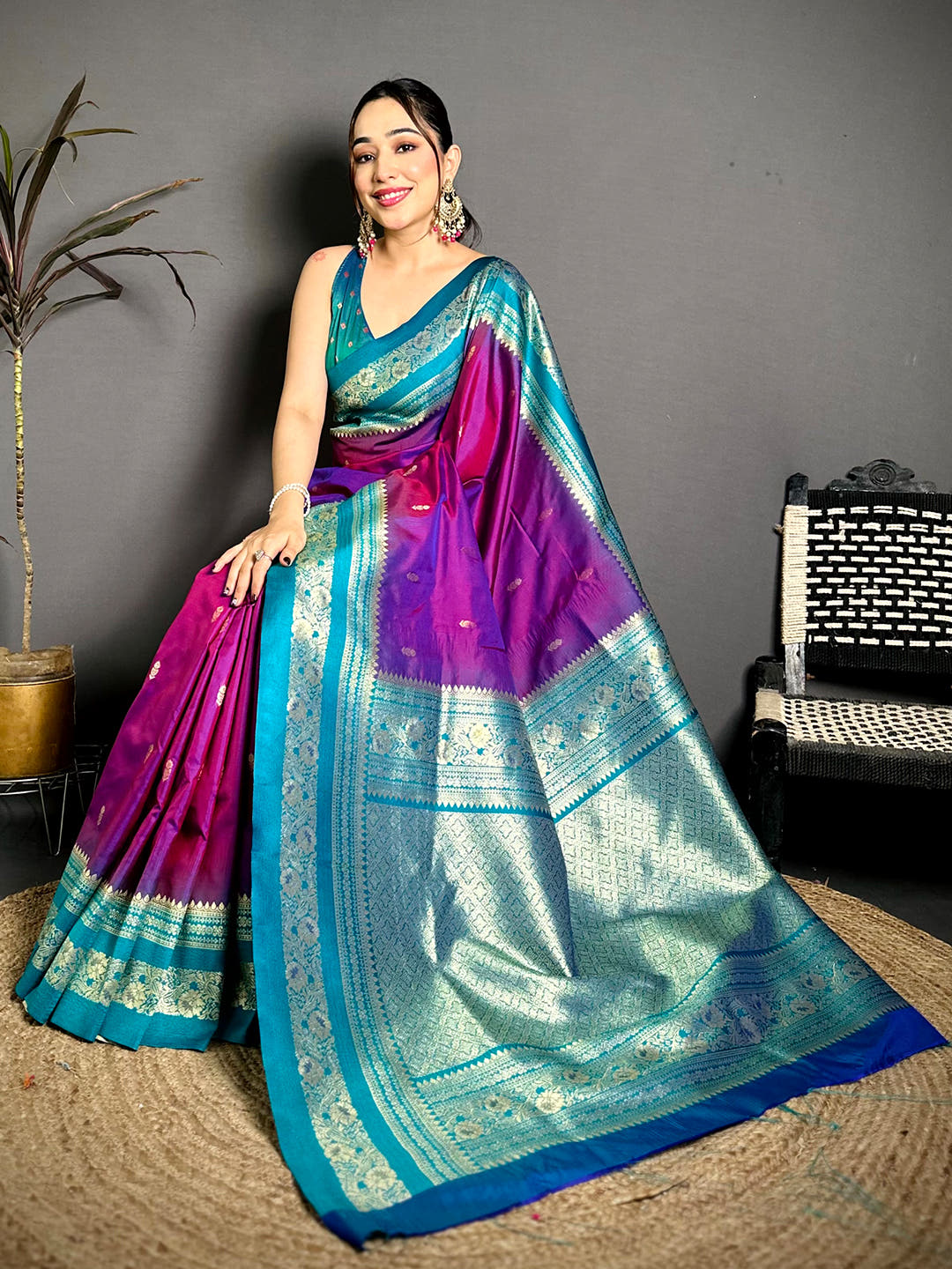Gold Zari Woven Magenta Soft Silk Saree