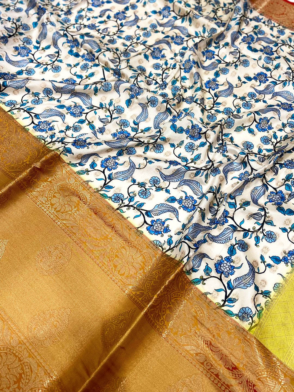 Peach Floral Printed Banarasi Silk Saree
