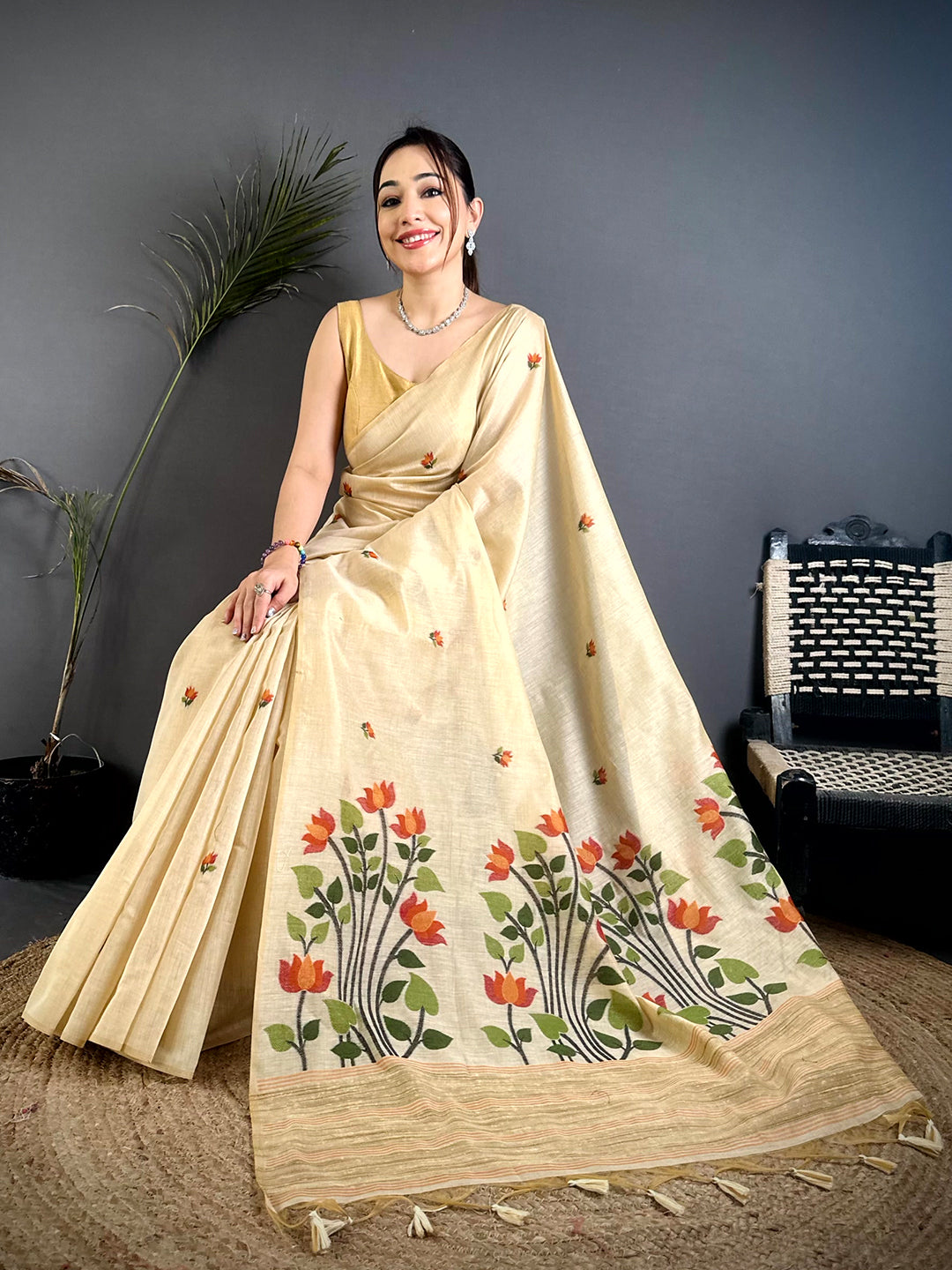 Cream Ghicha Minakari Weave Saree