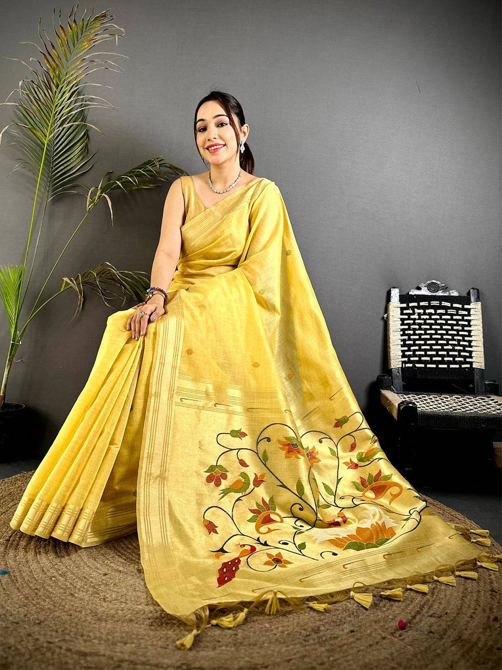 Yellow Swan Minakari Linen Saree