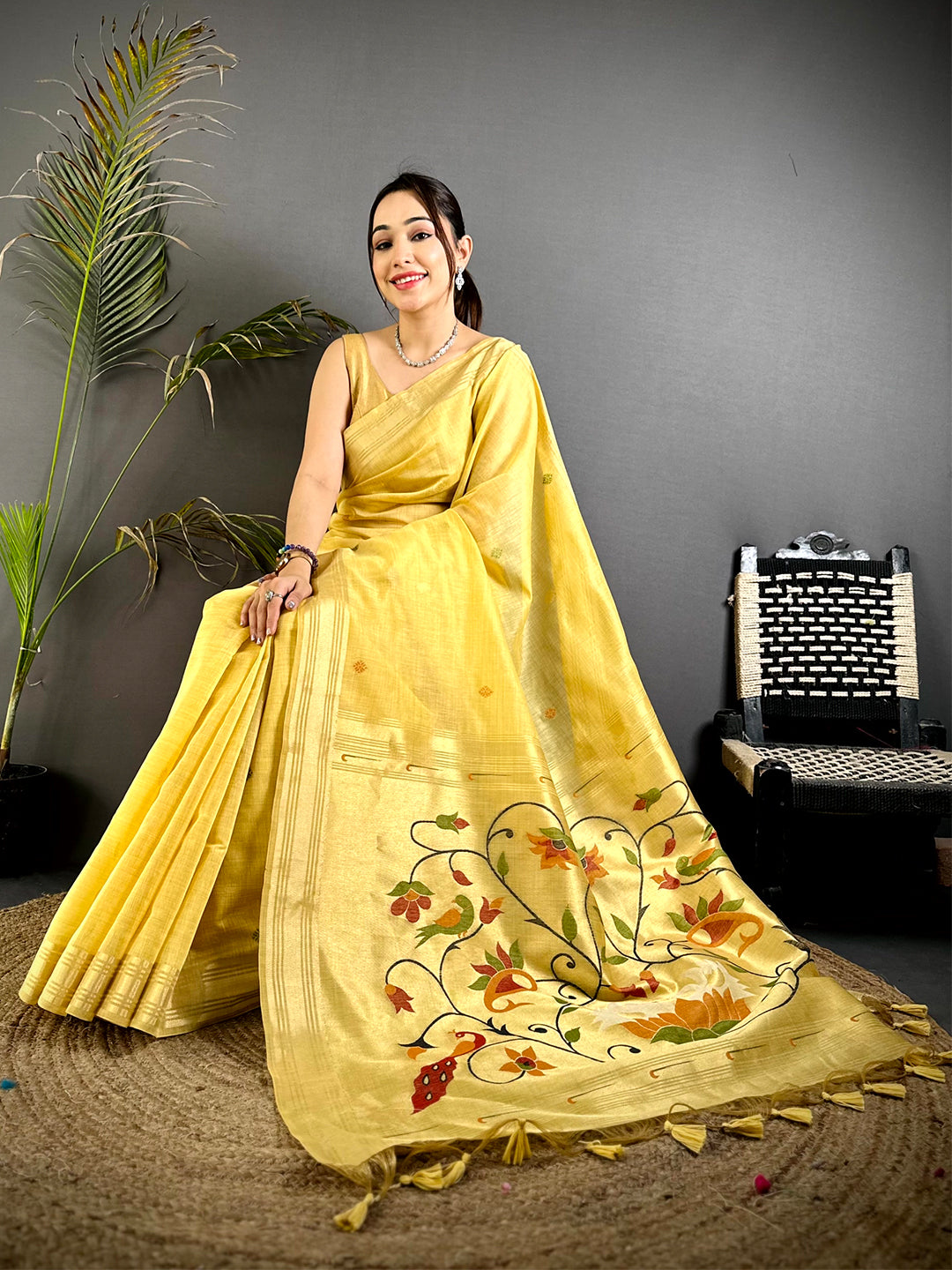 Yellow Swan Minakari Linen Saree