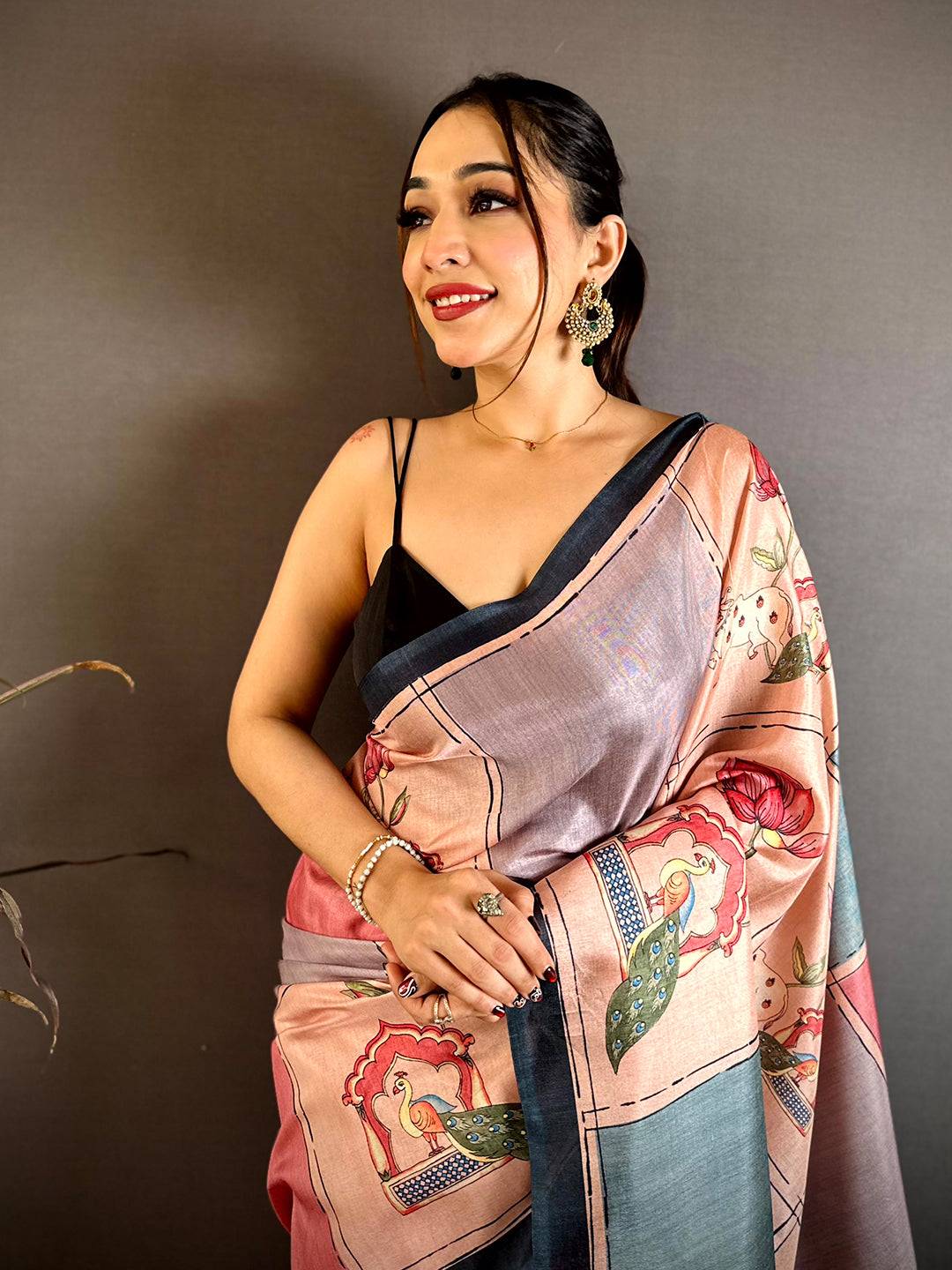 Radiance Tussar Contrast Kalamkari Pallu Saree