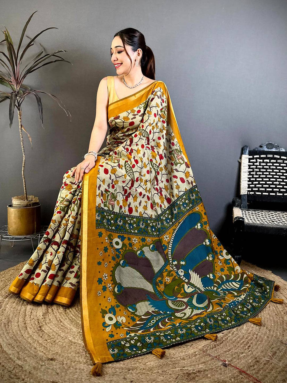 Heritage Mul Cotton Elephant Kalamkari Print Saree
