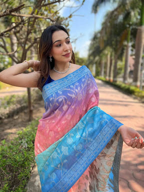 Elegant slub silk saree with pure zari and Lakhnavi weaving