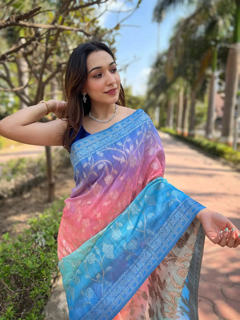 Elegant slub silk saree with pure zari and Lakhnavi weaving