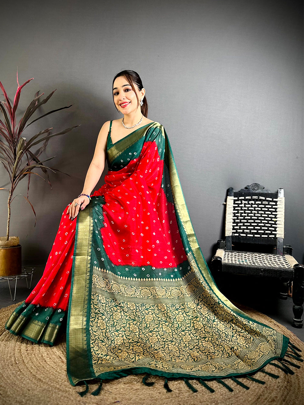 Red Bandhej Printed Dola Silk Saree