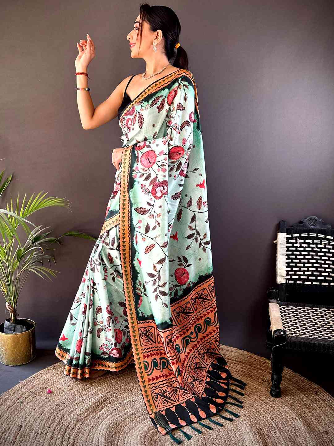 Mint Green Soft Silk Floral Saree