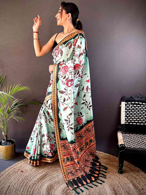 Mint Green Soft Silk Floral Saree