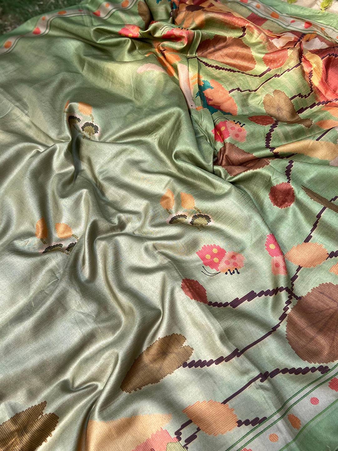 Close-up of Pista Tussar Silk Saree with Kalamkari design