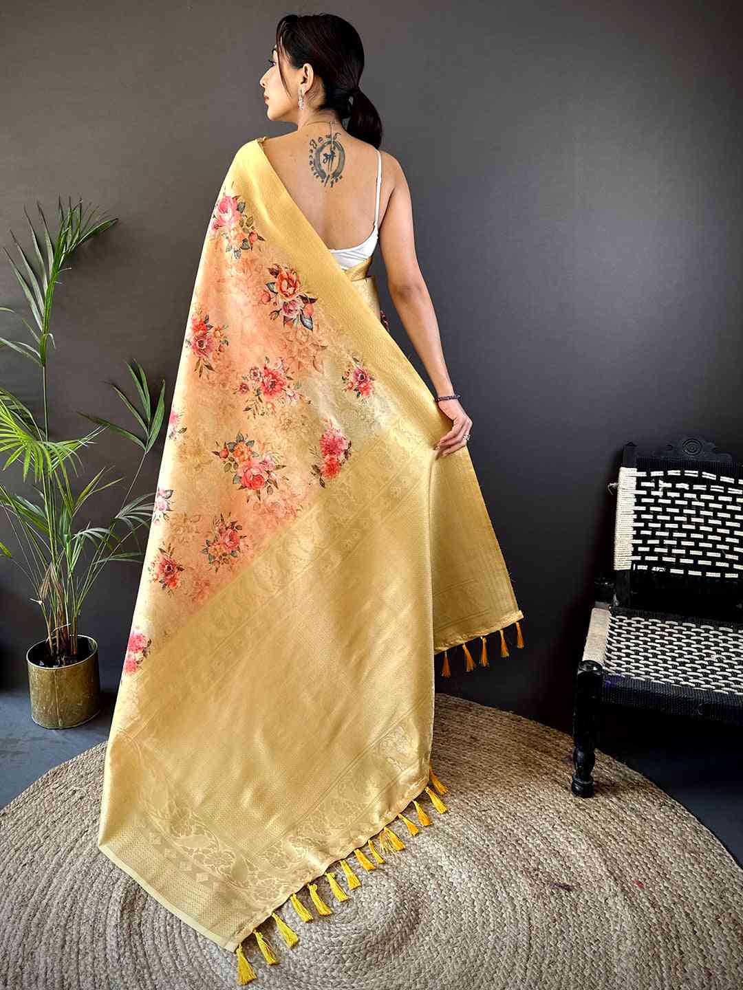 Golden Yellow Kanjivaram Digital Silk Saree