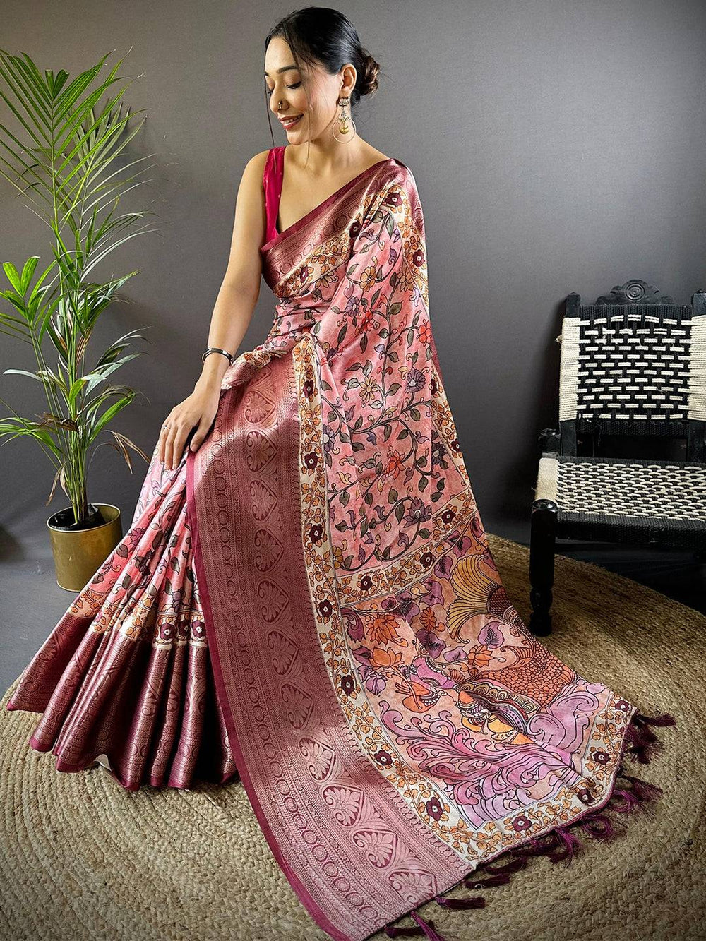 Rose Pink Floral Kalamkari Print Saree