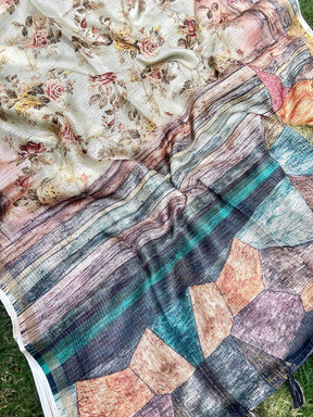 Beige Kota Doriya Silk Saree With Flower & abstect Prints