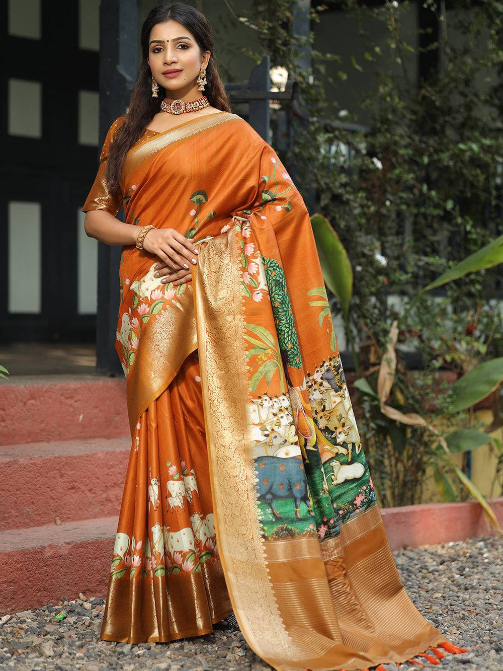 Viscose Dola Silk Orange Saree with Floral and Mughal Print