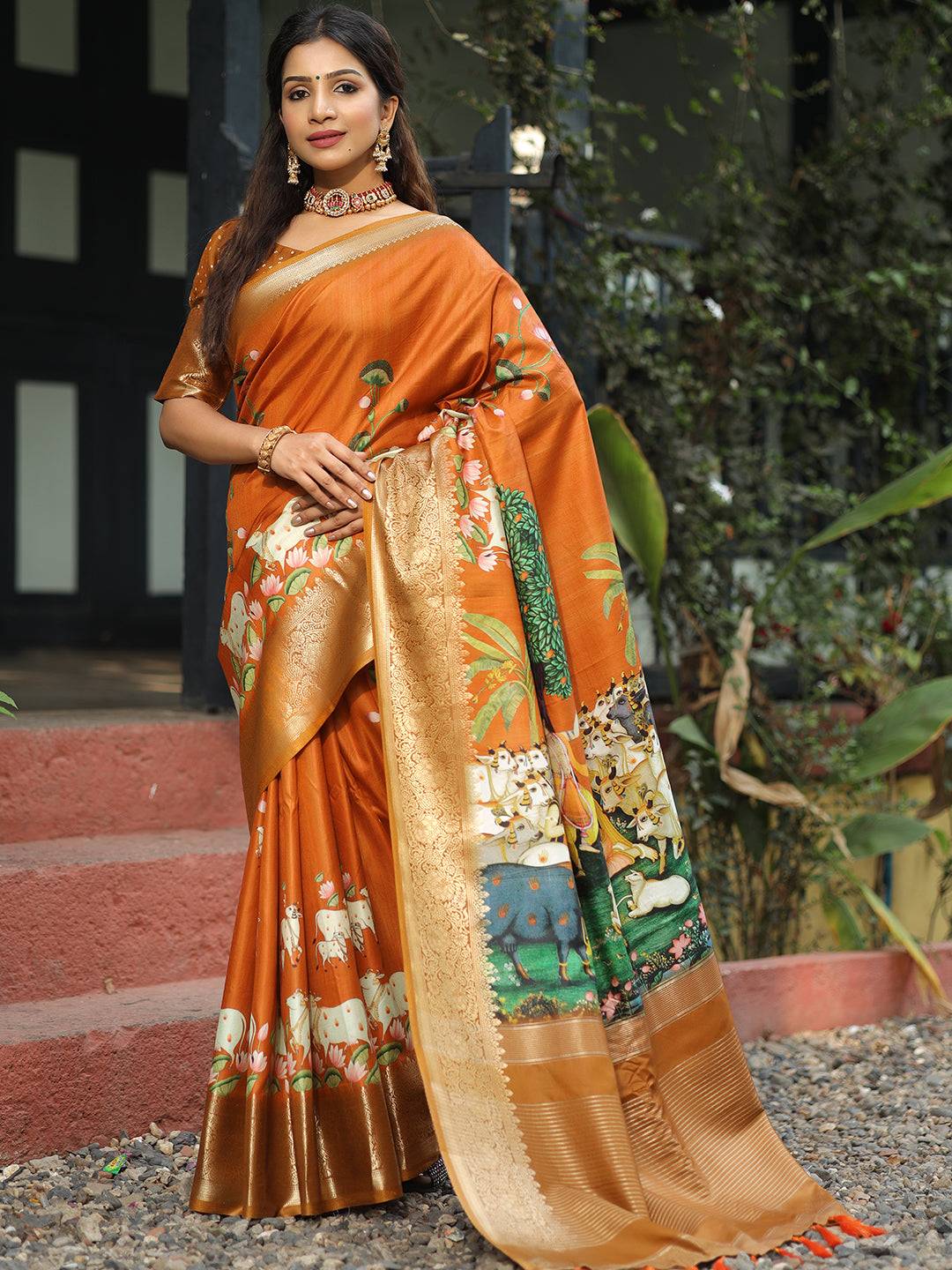 Viscose Dola Silk Orange Saree with Floral and Mughal Print