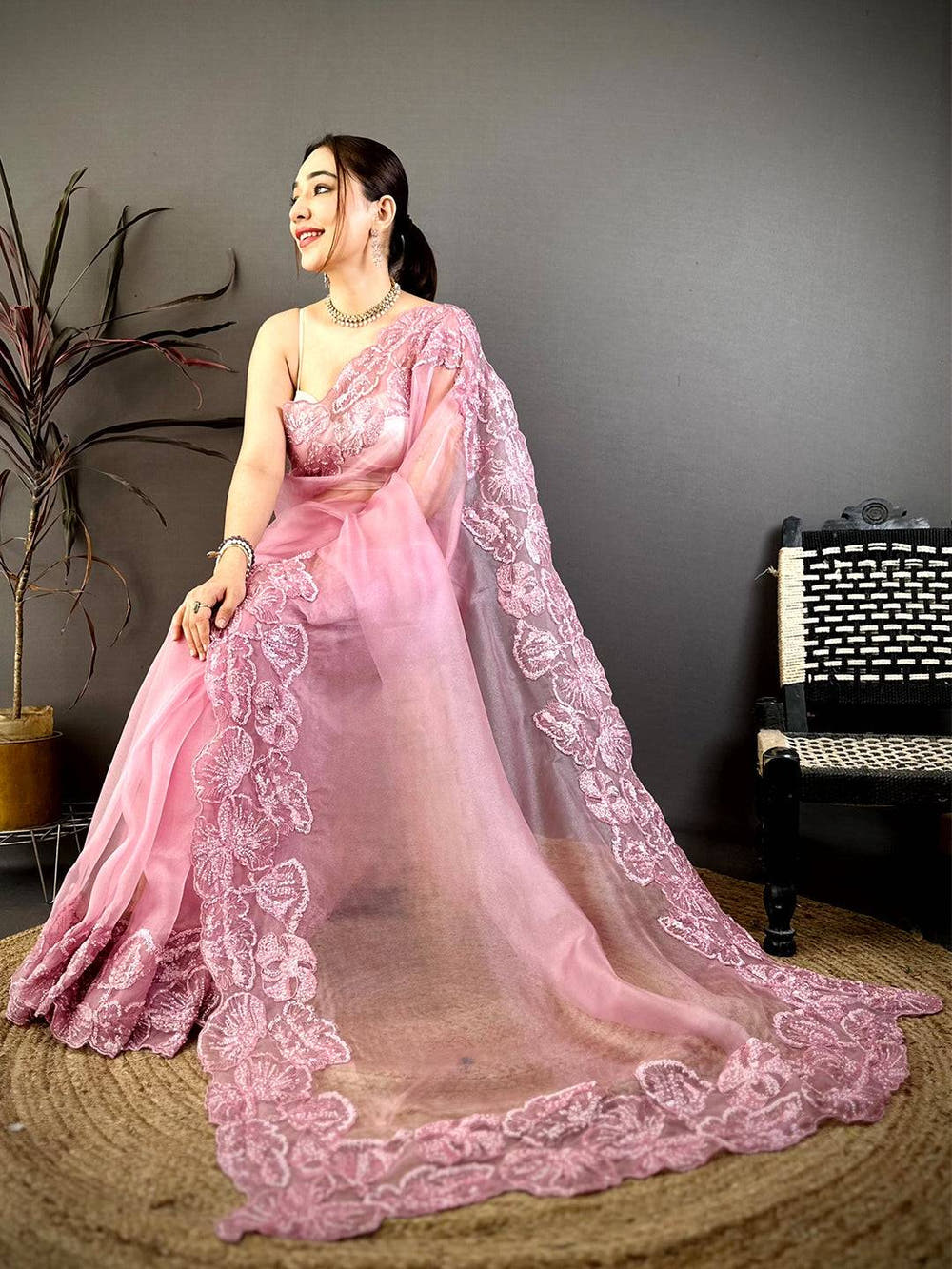Stylish Heavy Pearl Work Organza Saree