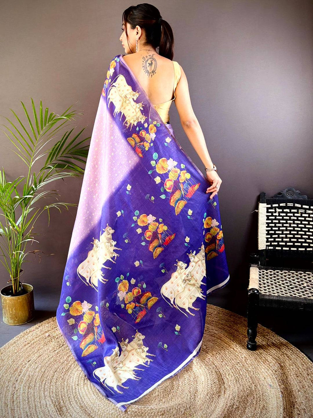 Purple Chanderi Pichwai Print Saree