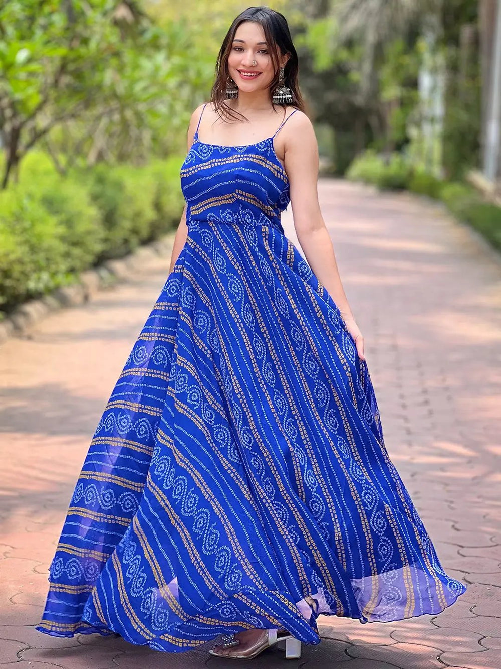 Elegant Royal Blue Bandhej Dress with intricate patterns