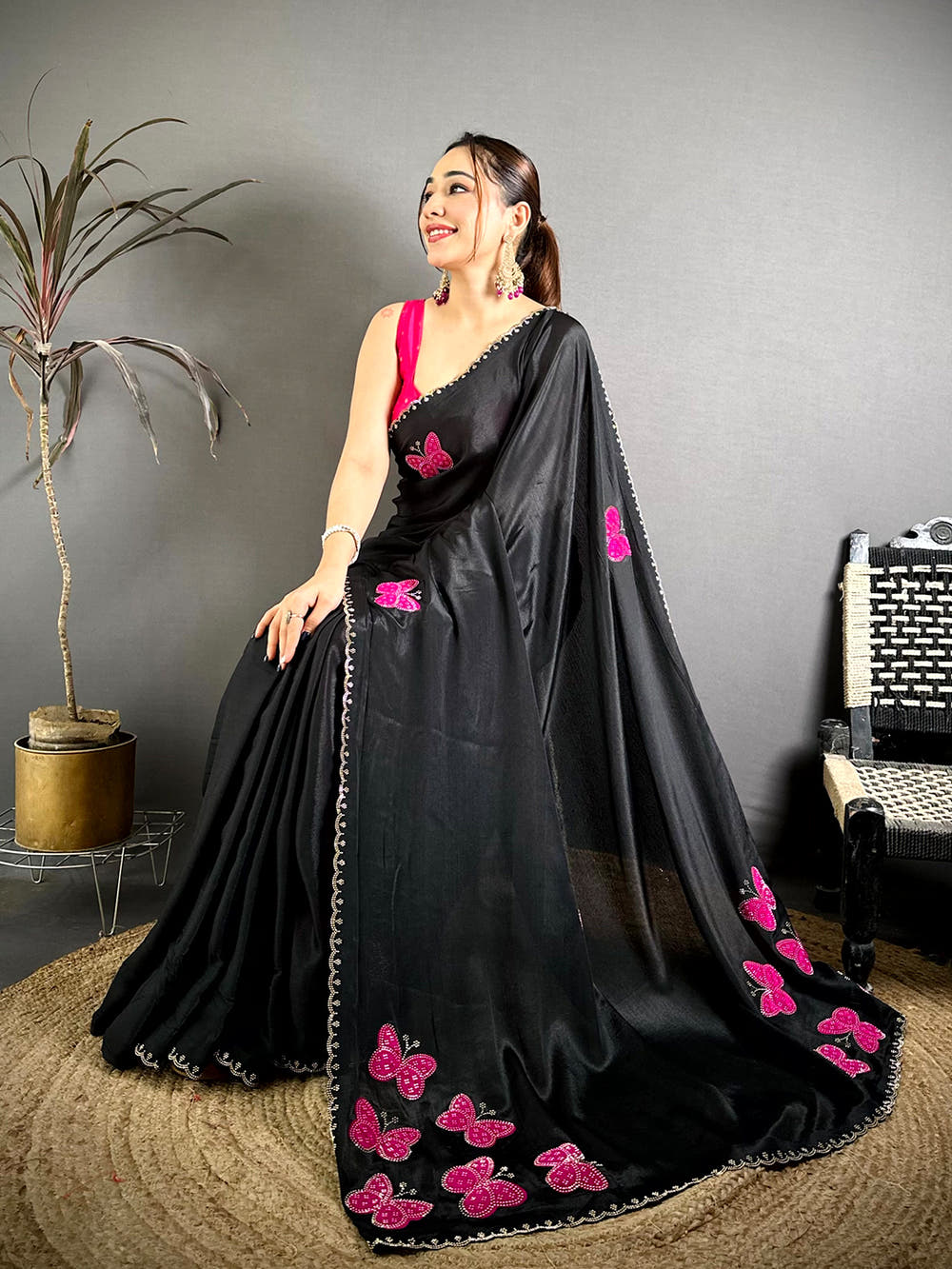Stylish Butterfly Bandhej Soft Chinnon Saree