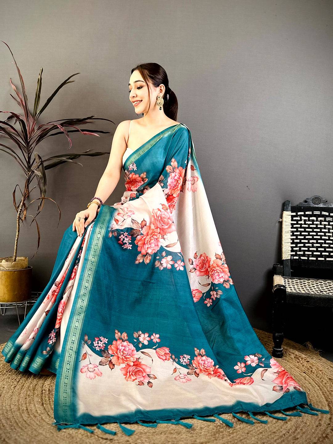Rama Soft Silk Floral Lehriya Print Saree