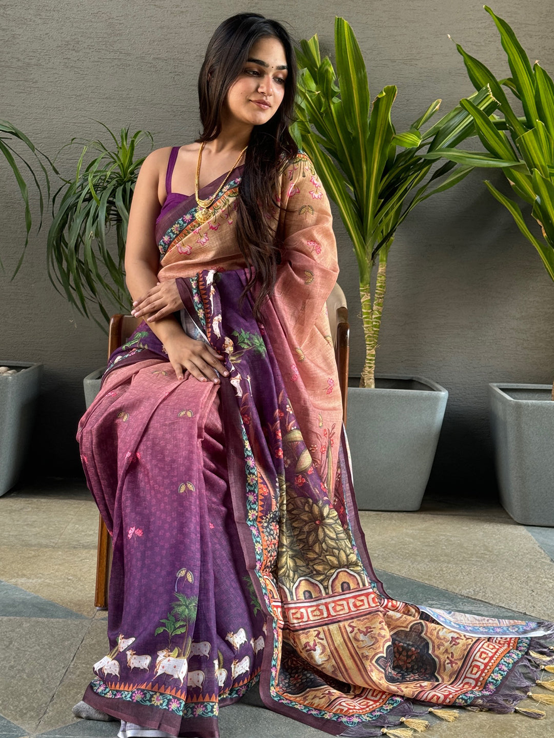 Latest Soft Linen Ombre Pichwai Saree in Purple Colour