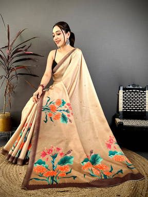 Stylish Beige Tussar Floral Print Saree

