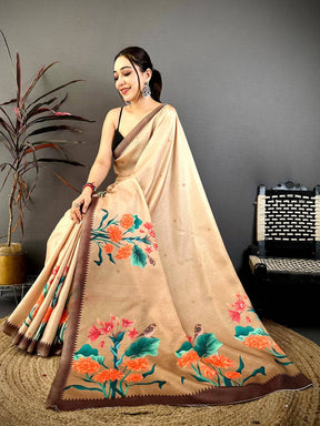 Stylish Beige Tussar Floral Print Saree

