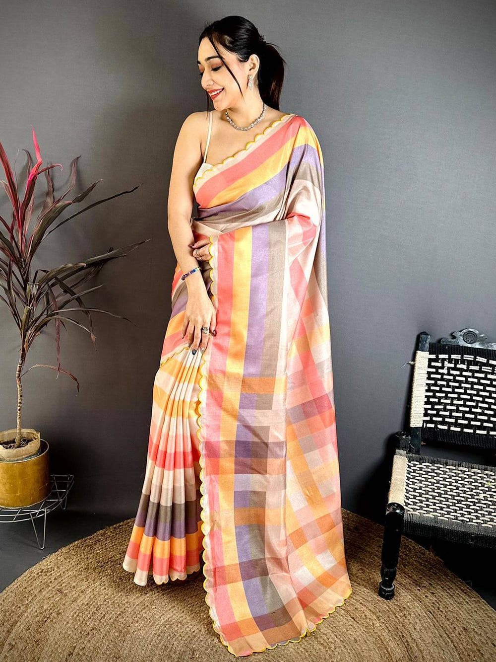 Royal Pastel Check Tussar Designer Saree