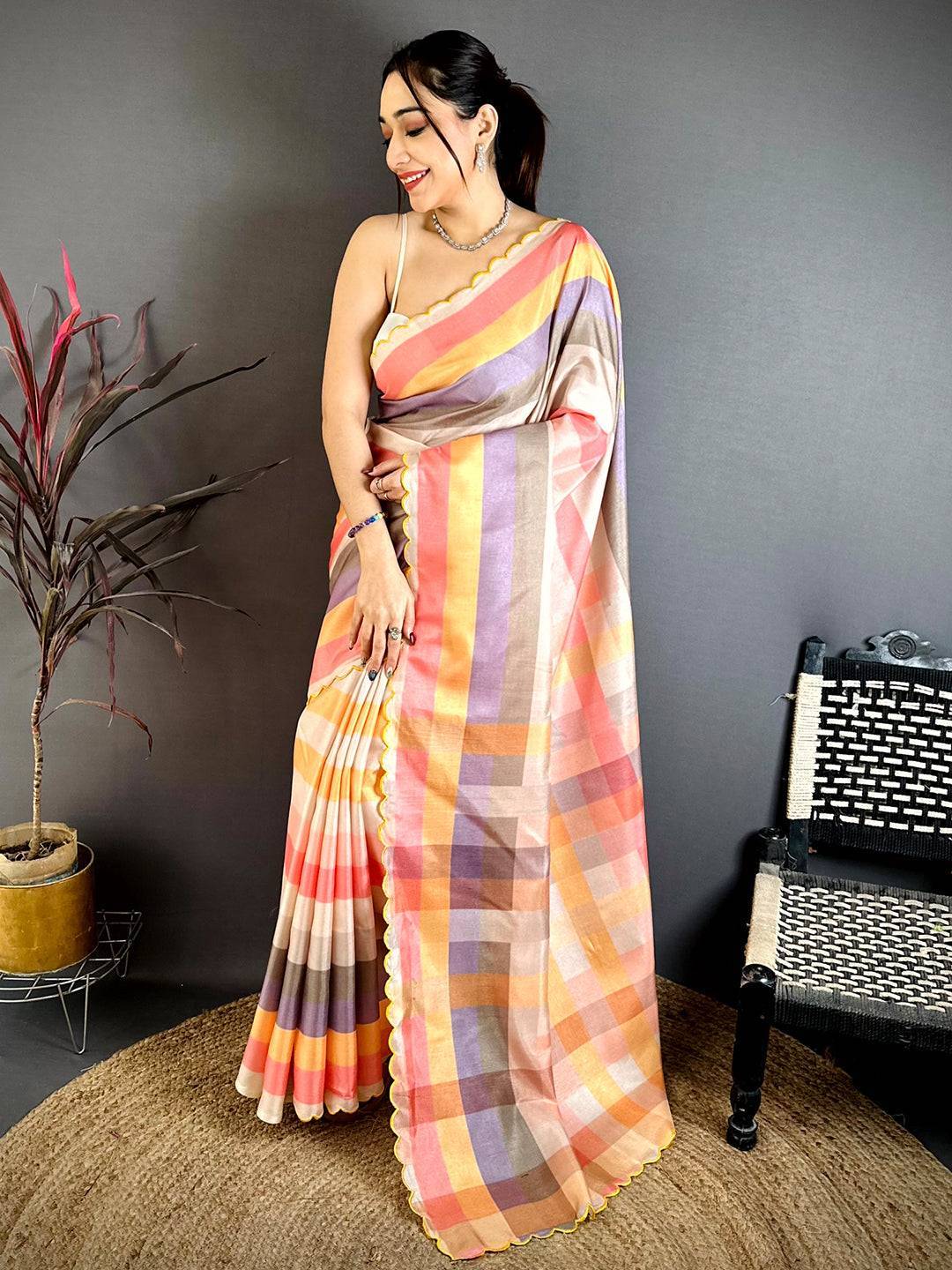 Royal Pastel Check Tussar Designer Saree
