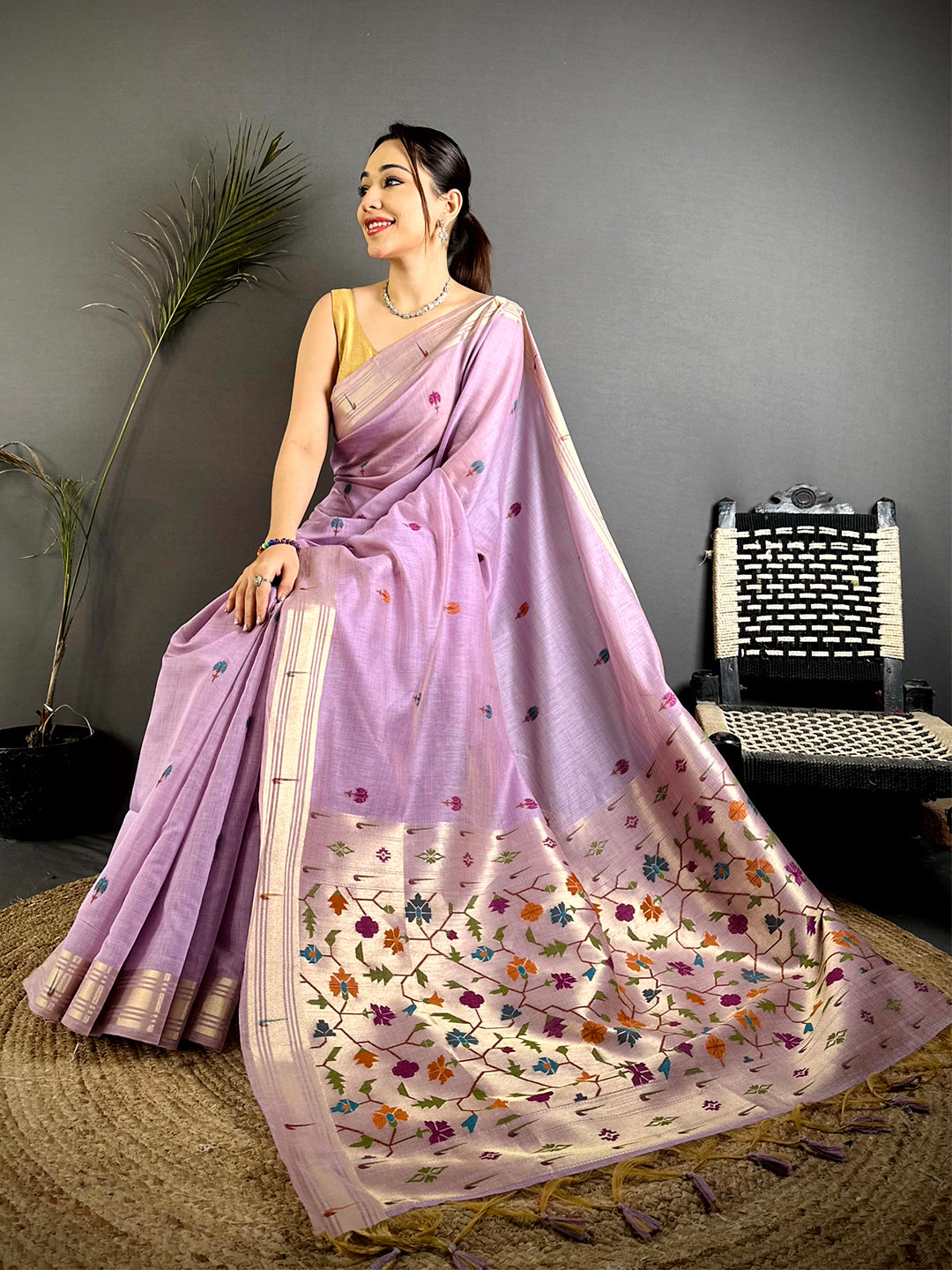 Lavender Geometric Patola Khadi Linen Saree