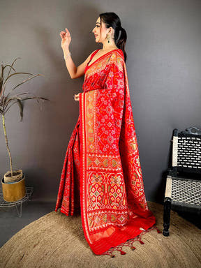 Red Soft Sami Silk Ikkat Patola Weaving Saree