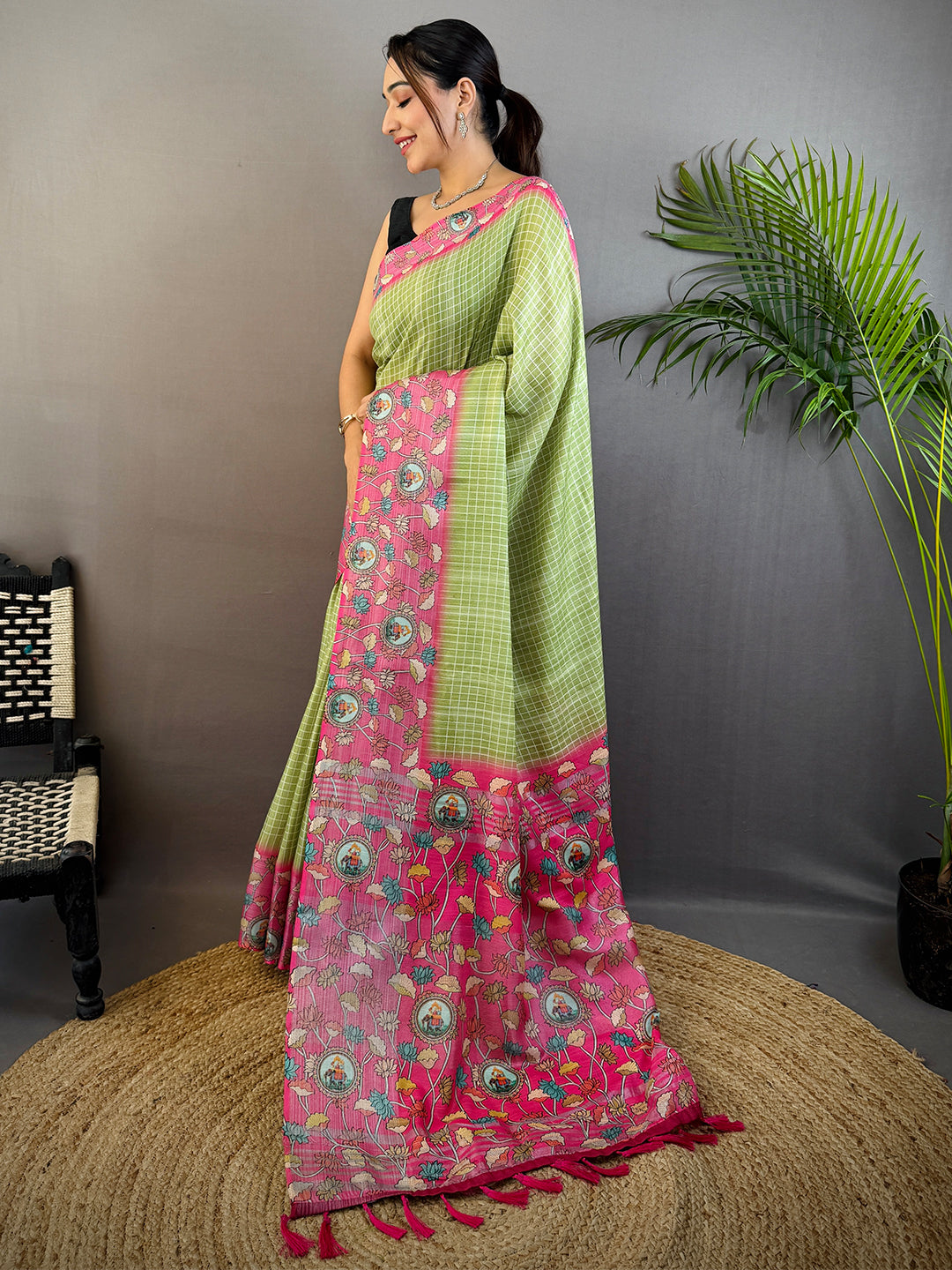 Mint Green Linen Kalamkari Print Saree