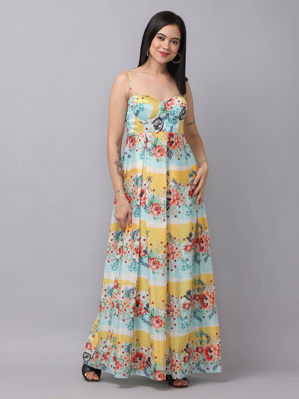Chiffon print sleeveless dress with floral design, front view