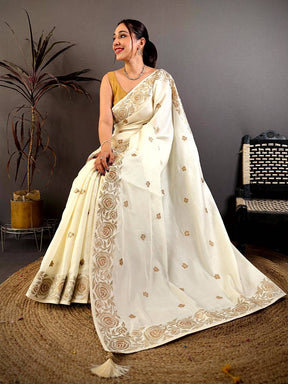 White Aari Jhalar Tussar Satin Saree