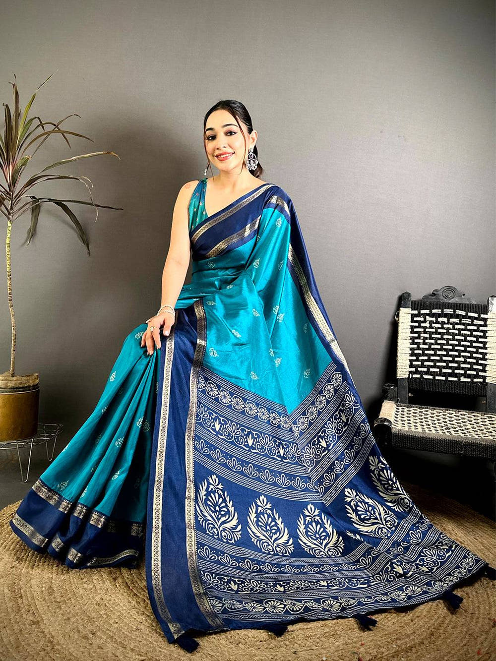Teal Soft Dola Block Print Pallu Saree