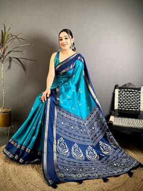 Teal Soft Dola Block Print Pallu Saree