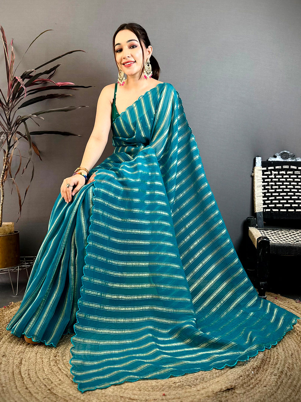 Rama Gold Zari Stripe Chiffon Saree
